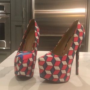 Liliana heels pink blue and white geometric